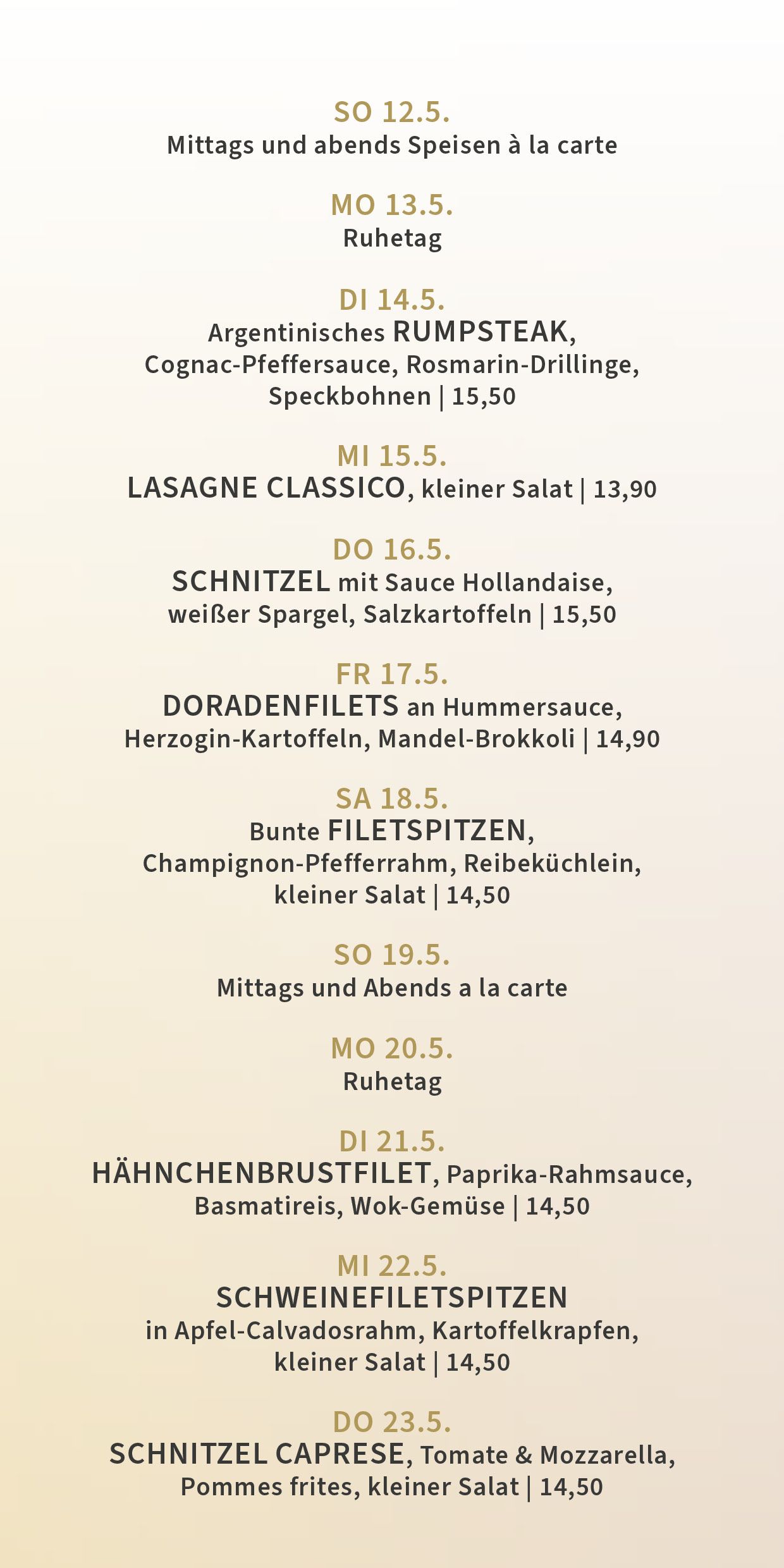 Karte vom Mittagstisch im Restaurant Schloss Lüntenbeck